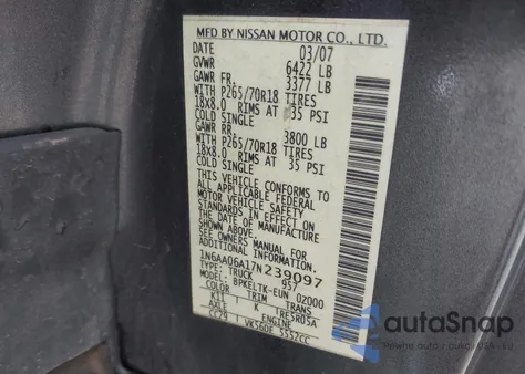 2007 Nissan Titan Se z USA, uszkodzony, nr VIN 1N6AA06A17N239097